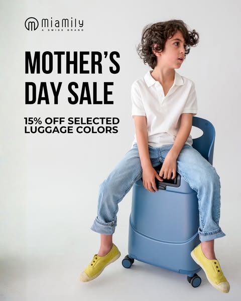 This ad for Miamily luggage features a young child sitting on top of a blue carry-on suitcase and a special offer for Mo