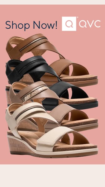This ad features a product gallery of different colors of wedge sandals, with a 'Shop Now' call to action.