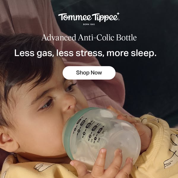 This image ad for Tommee Tippee features an anti-colic bottle being used by a baby, promising less gas, less stress, and