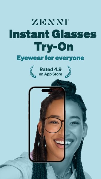 This image ad promotes Zenni Optical's glasses try-on feature through the use of a phone app. It features a woman