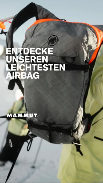 This ad showcases Mammut's lightest airbag backpack, highlighting its features and benefits for outdoor enthusiasts.