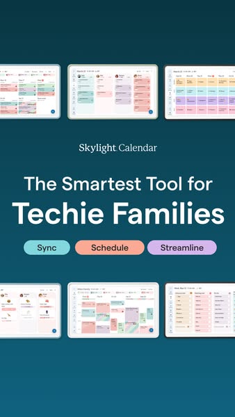 This ad for Skylight Calendar features multiple instances of the product interface on iPads. The ad highlights the produ