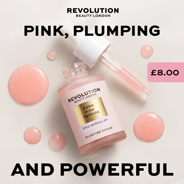 This ad showcases Revolution Beauty London's PDRN Pink Peptide Pro-Miracle Plumping Serum. The ad uses a simple prod
