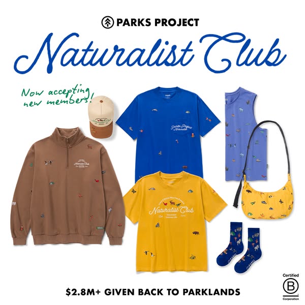 An image ad for Parks Project featuring clothing and accessories from their Naturalist Club collection, highlighting tha
