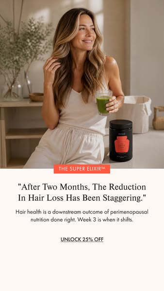 Image ad featuring a woman drinking a green smoothie alongside a container of The Super Elixir. The ad includes a testim