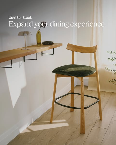 This ad showcases a simple and stylish Ushi bar stool, emphasizing its ability to enhance the dining experience. The sto
