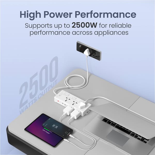 This ad showcases a white power strip with multiple outlets, plugged into an outlet on the wall. A phone, tablet, and la
