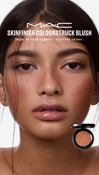 This ad features a close-up of a woman with blush applied to her face, along with the product itself. The image showcase