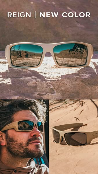 This ad showcases a pair of sunglasses in a new color and is split in two to show a close-up of the sunglasses on a rock