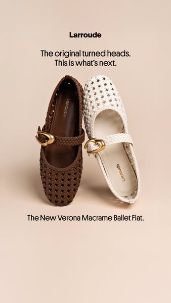This ad showcases two colors of the Larroude Verona Macrame Ballet Flat, highlighting the brand's innovative and sty
