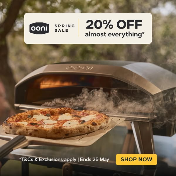 This ad showcases the Ooni pizza oven in use and includes a limited time offer for a percentage off.