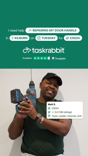 This ad features a Taskrabbit tasker named Matt S. who is holding a drill. The ad highlights that he is available to rep
