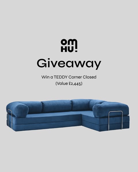 This ad announces a giveaway for a Teddy Corner Closed sofa from Omhu, with the image showcasing the sofa's modern d