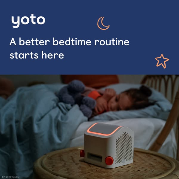 This ad promotes the Yoto Player, a storytelling device for children. The image shows the Yoto Player on a bedside table