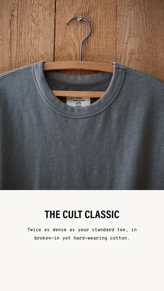 This ad features a close-up of a gray t-shirt on a hanger with text that reads, 'The Cult Classic. Twice as dense as