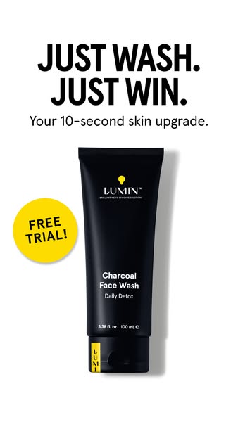 This image ad for Lumin promotes their Charcoal Face Wash, highlighting its quick and easy integration into a man's 