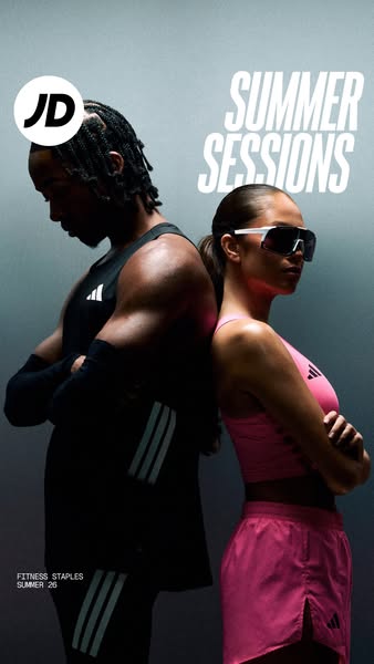 This image ad promotes Adidas fitness apparel through JD Sports, featuring a man and woman in workout attire. The ad use
