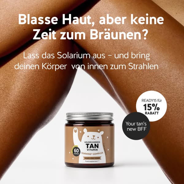 This image ad for Golden Goddess Tan Vitamin presents the product as an alternative to traditional tanning methods, emph
