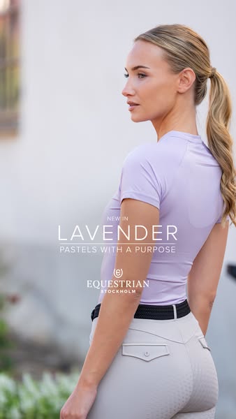 This image ad from Equestrian Stockholm promotes their new lavender color in equestrian apparel. The ad features a woman