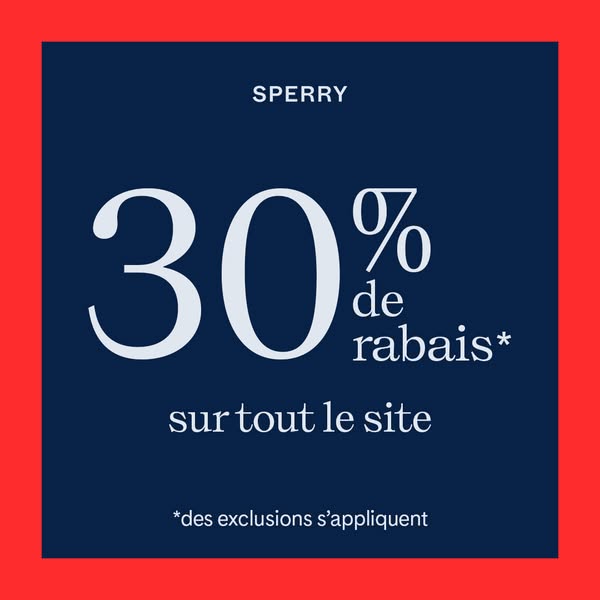 This image ad for Sperry features a promotion for 30% off everything on the site. The ad is simple, with a contrasting c