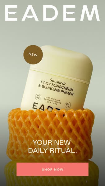 An ad for Eadem Sunsuede Daily Sunscreen & Blurring Primer. The product sits in a protective, yellow web-like struct