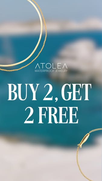 This image ad for ATOLEA promotes waterproof jewelry and offers 'Buy 2, Get 2 Free'. The ad features an out-of-f