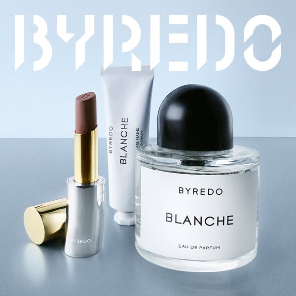 A photo ad showcases the Blanche fragrance line from Byredo, including a perfume bottle, hand cream, and lipstick.