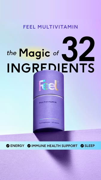 This ad for Feel Multivitamin highlights the product's 32 ingredients and benefits such as energy, immune health sup