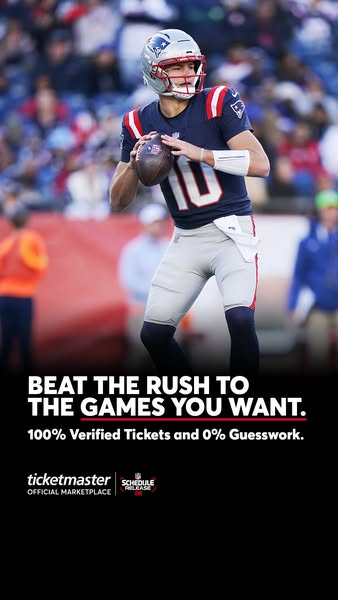 This ad for Ticketmaster features an image of Mac Jones, quarterback for the New England Patriots, in action during a fo