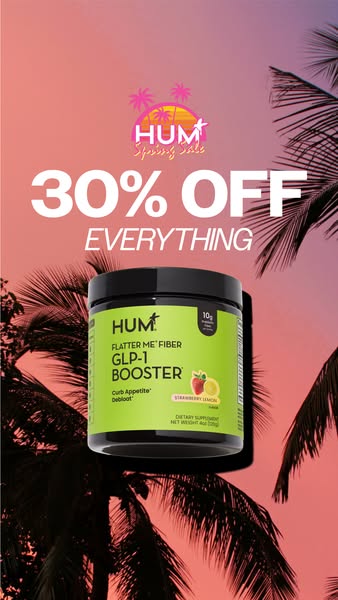 This ad for Hum promotes their Flatter Me Fiber GLP-1 Booster supplement. The ad uses a gradient background and palm tre