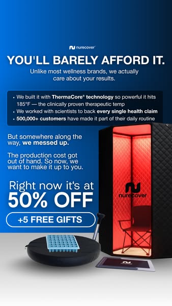 This ad for NURECOVER wellness products opens with a humorous line about the expense of wellness brands, then lists prod