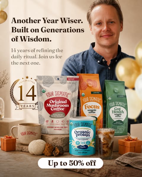 Four Sigmatic ad promoting their mushroom coffee, focus organic coffee, gut health organic coffee, and organic protein. 