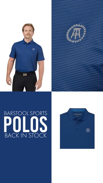 This ad showcases the Barstool Sports polo shirts, highlighting their availability and stylish design.