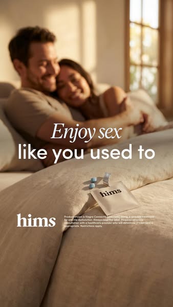 Image ad for Hims showing a couple in bed with text that reads "Enjoy sex like you used to." The Hims logo and