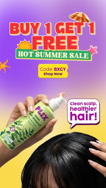 This ad promotes PLIX Neem Anti-Dandruff shampoo. It features a limited-time offer of 'Buy 1 Get 1 Free' as part