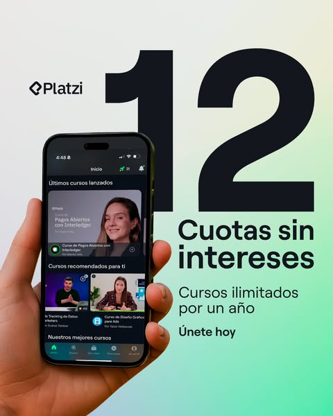 This ad for Platzi promotes their online courses with the offer of 12 interest-free monthly payments and unlimited cours