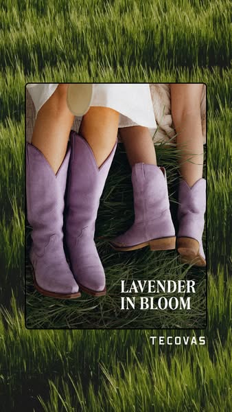This ad showcases Tecovas brand boots in a lifestyle setting. The color story is monochromatic, with the boots, apparel 