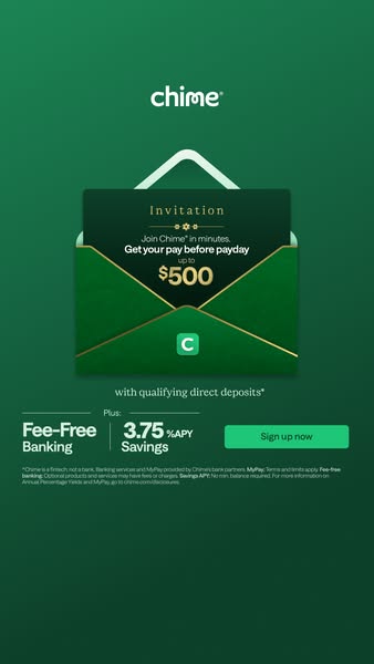 The ad is for Chime, a fee-free banking app, and is presented in the style of an invitation, promising users access to t