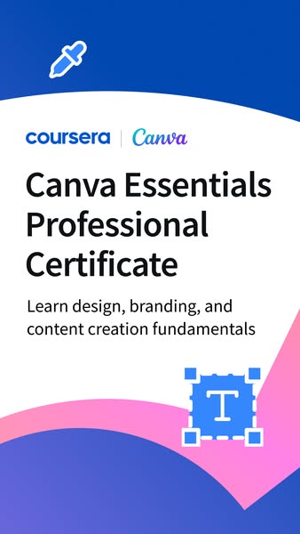 This ad promotes the Canva Essentials Professional Certificate program offered through Coursera. The image features the 