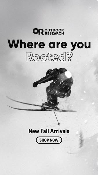 This image ad for Outdoor Research features a skier in mid-air against a snowy backdrop. The ad aims to connect with out