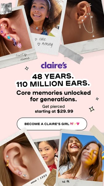This image ad for Claire's promotes their ear-piercing services, highlighting the brand's long history and the &