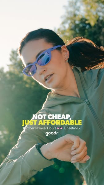A lifestyle shot of a runner wearing sunglasses with text overlay describing why Goodr sunglasses are affordable and a g