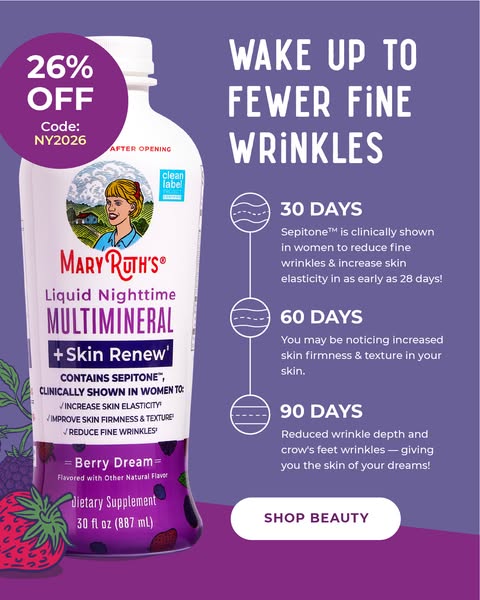 This ad promotes Mary Ruth's Liquid Nighttime Multimineral + Skin Renew supplement. It highlights the product's 