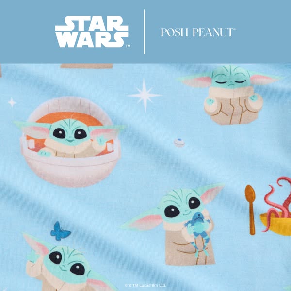 Image ad featuring a pattern of The Child (Grogu) wearing different expressions on a light blue background. This ad is l