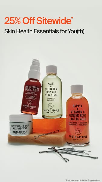This ad showcases Youth to the People skincare products, highlighting a 25% off sitewide promotion and focusing on skin 