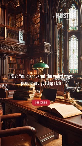 The ad features an image of a vintage-looking library with a stack of books, a laptop, and a large, open book on a desk.
