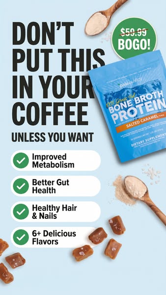 This ad for Paleo Valley's 100% Grass Fed Bone Broth Protein positions it as a coffee additive that offers several b