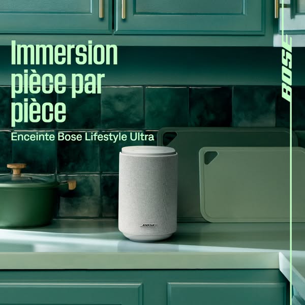 This ad features the Bose Lifestyle Ultra speaker. The ad highlights the immersive sound of the speaker and features the