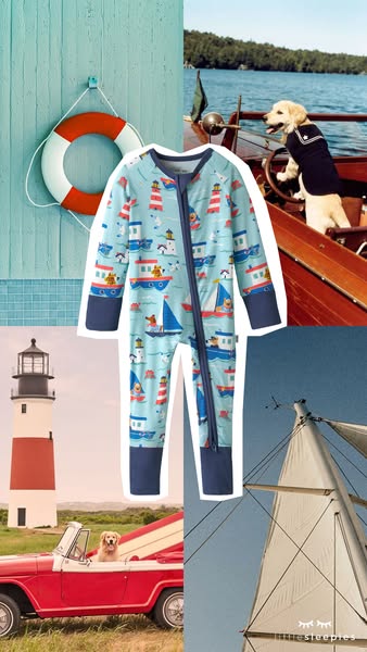 This ad is a lifestyle collage of a Little Sleepies pajama suit that has a nautical theme with boats and lighthouses pri