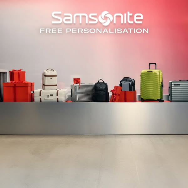 This ad showcases a variety of Samsonite luggage and bags, highlighting the availability of free personalization.